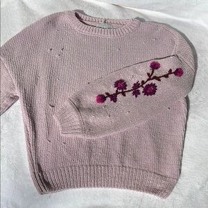 Pink Crew Neck Sweater with Floral Embroidery